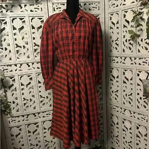 VINTAGE LESLIE FAY EXTRAORDINARY RED PLAID FIT FLARE LONG SLEEVE MIDI DRESS L